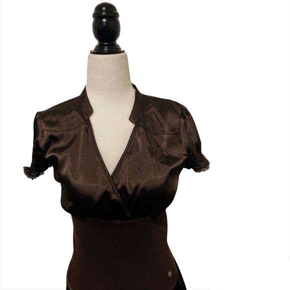 Twik chocolate brown collared wrap Y2K style dress - Picture 4 of 16